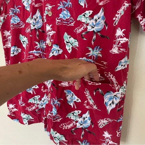 Caribbean Red Hawaiian Palm Leaves Tress 3 Pockets Zip Cotton Blend Men's Shirt - Picture 9 of 9